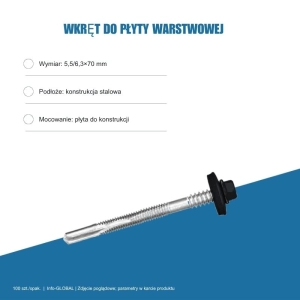 Wkręt do płyty warstwowej Info-GLOBAL AR12 W CSG 5,5/6,3×70 mm, kolory RAL, 100 szt.